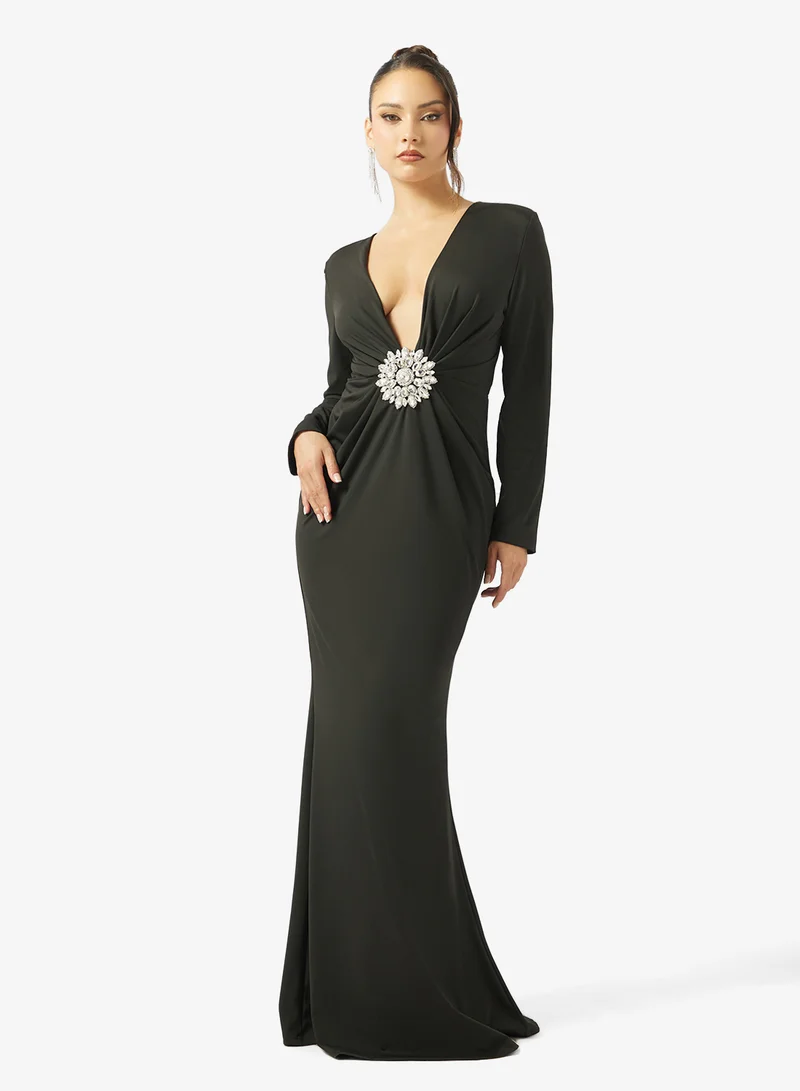 Plunge Neck Jewel Embellished Draped Dress